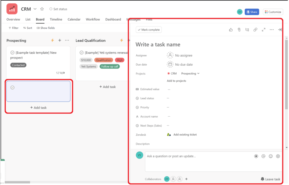 asana CRM card overview