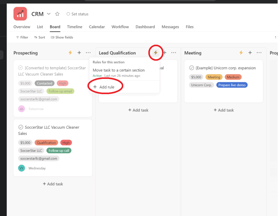 asana add rule option 