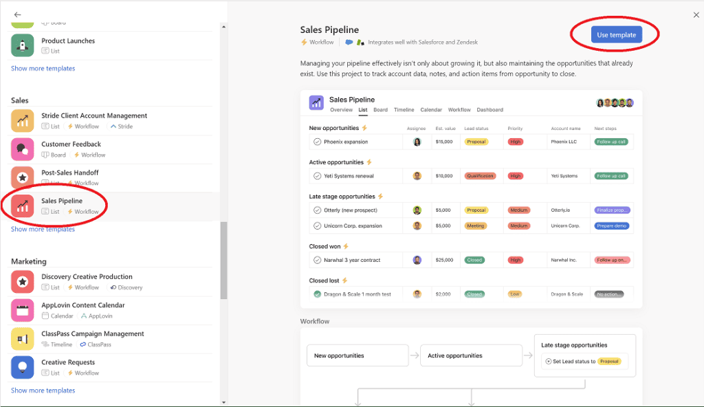 asana sales pipeline template