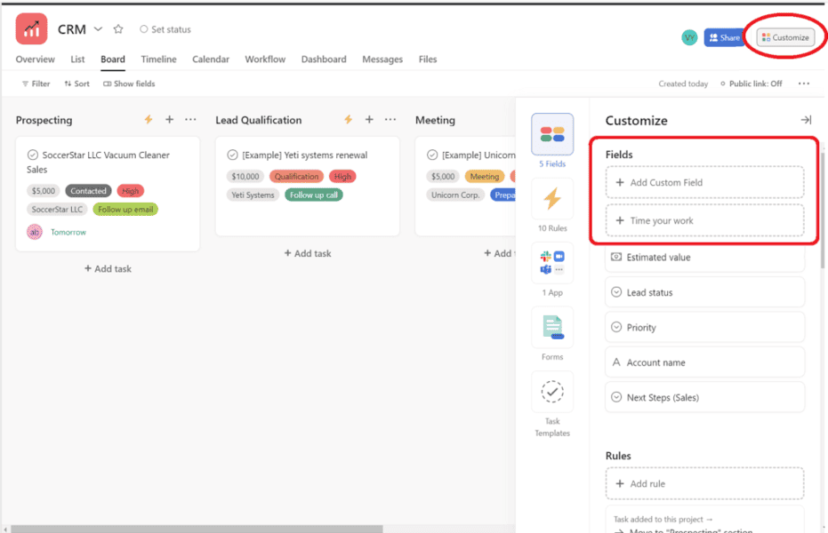 asana CRM dashboard - customize section