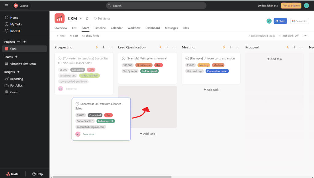 asana dashboard tickets moving