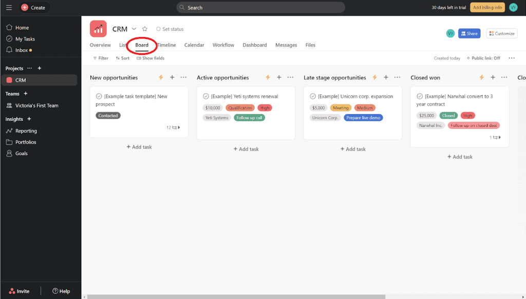 asana CRM dashboard - board section