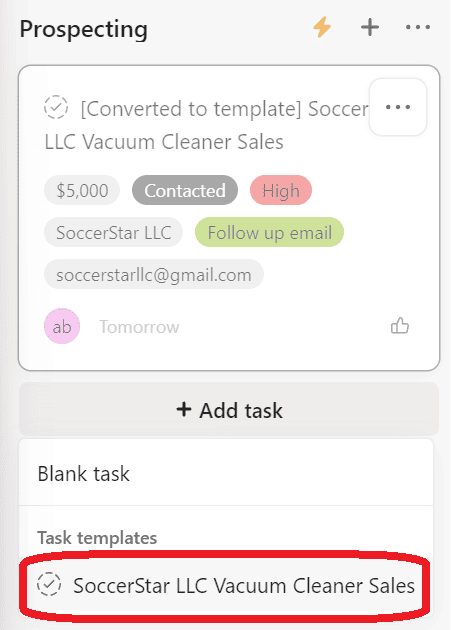 asana - add task to  generate task card